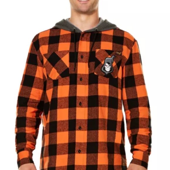 Spirit Tops - Orange And Black Flannel Button-Down Spirit Halloween Store With Hoodie